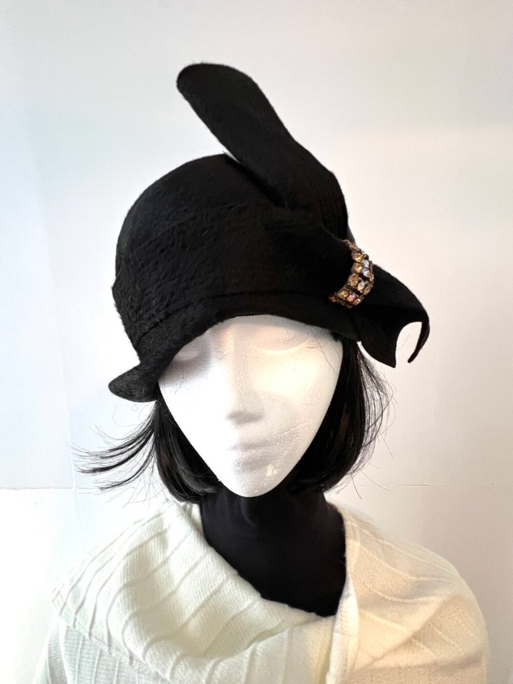 Vintage 1950's Schiaparelli Paris Black Cocktail Hat, Rhinestone Accent, Lovely!